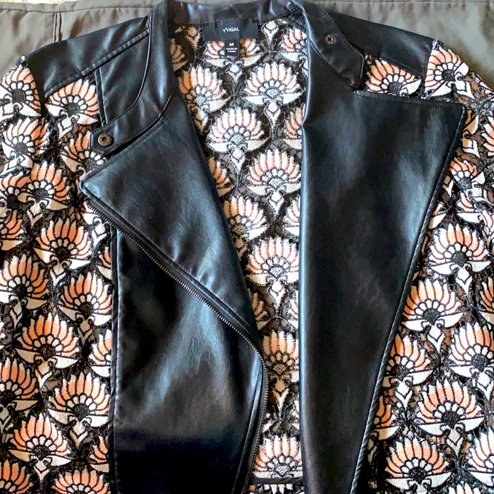 Black and patterned lace leather jacket